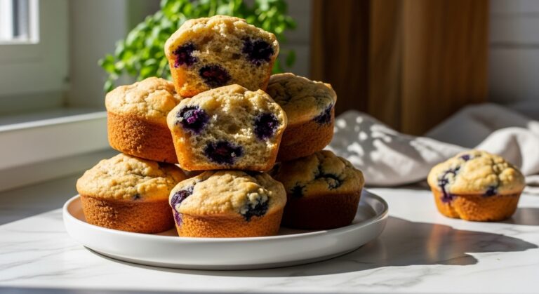 A mouth-watering close-up of several golden-brown Protein Blueberry Muffins stacked on a minimalist white plate, with one muffin gently broken open to reveal juicy blueberries and its moist interior. The scene is bathed in natural morning light from an east window, casting soft shadows on marble countertops. A wooden cutting board and fresh green herbs are artfully blurred in the background, creating a warm and inviting, clean and tidy composition.