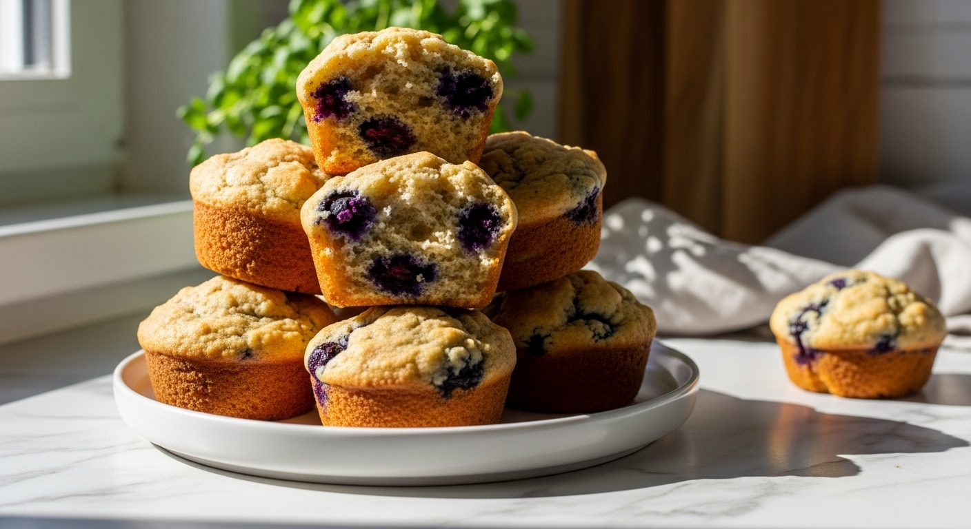 A mouth-watering close-up of several golden-brown Protein Blueberry Muffins stacked on a minimalist white plate, with one muffin gently broken open to reveal juicy blueberries and its moist interior. The scene is bathed in natural morning light from an east window, casting soft shadows on marble countertops. A wooden cutting board and fresh green herbs are artfully blurred in the background, creating a warm and inviting, clean and tidy composition.