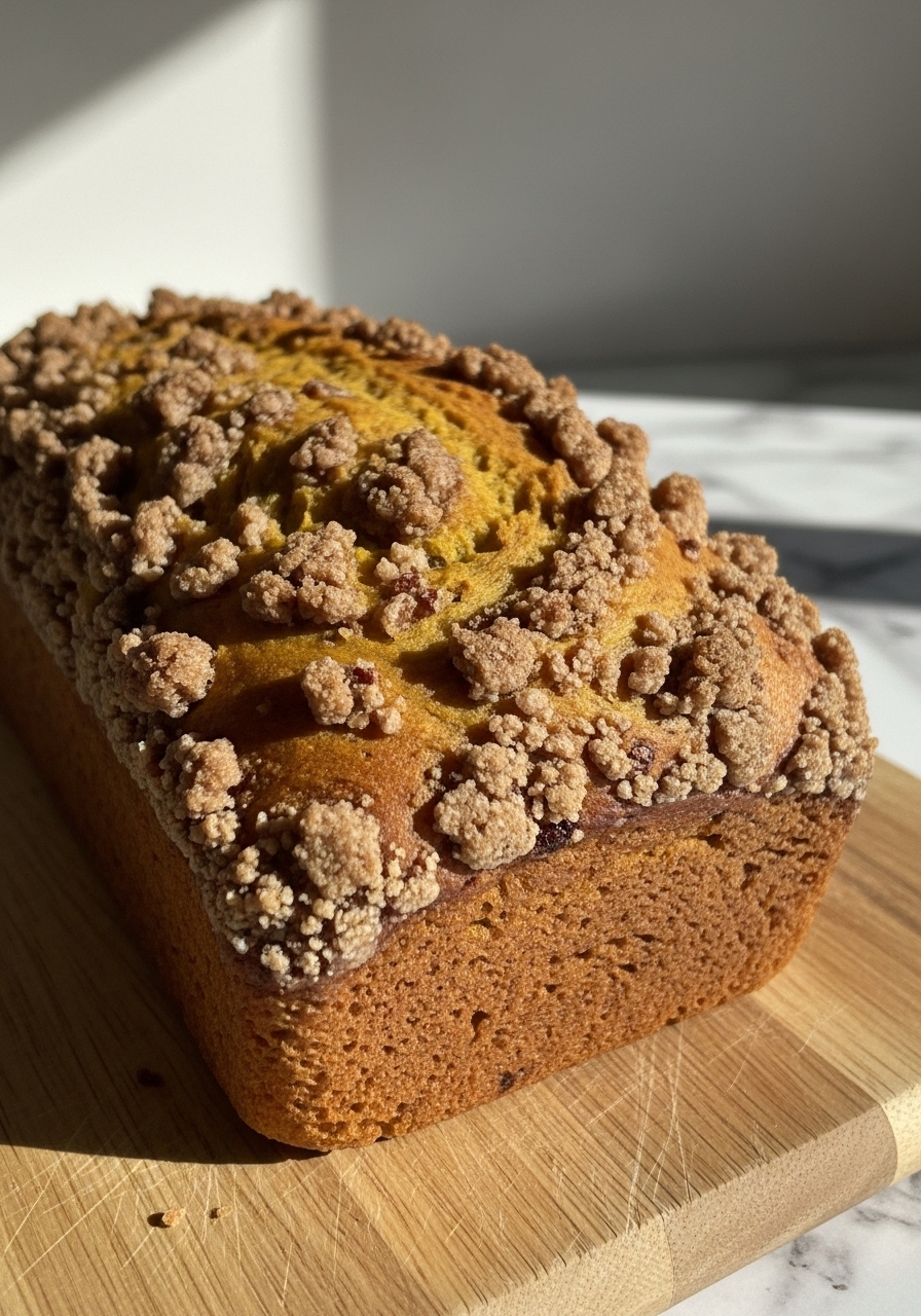 A close-up, slightly angled shot of the baked Pumpkin Pecan Streusel Bread on the same wooden cutting board, showcasing its perfectly golden crust and the crunchy streusel topping. The background reveals a hint of marble countertop and soft shadows from natural morning light.