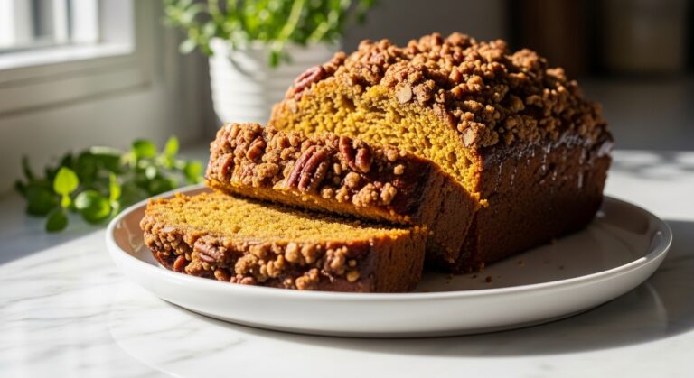 A beautifully sliced loaf of Pumpkin Pecan Streusel Bread, glistening with moisture, on a minimalist white plate. The golden-brown pecan streusel is clearly visible. The scene is bathed in natural morning light from the east window, resting on marble countertops with fresh herbs in the soft-focused background. Warm tones, clean and tidy presentation.