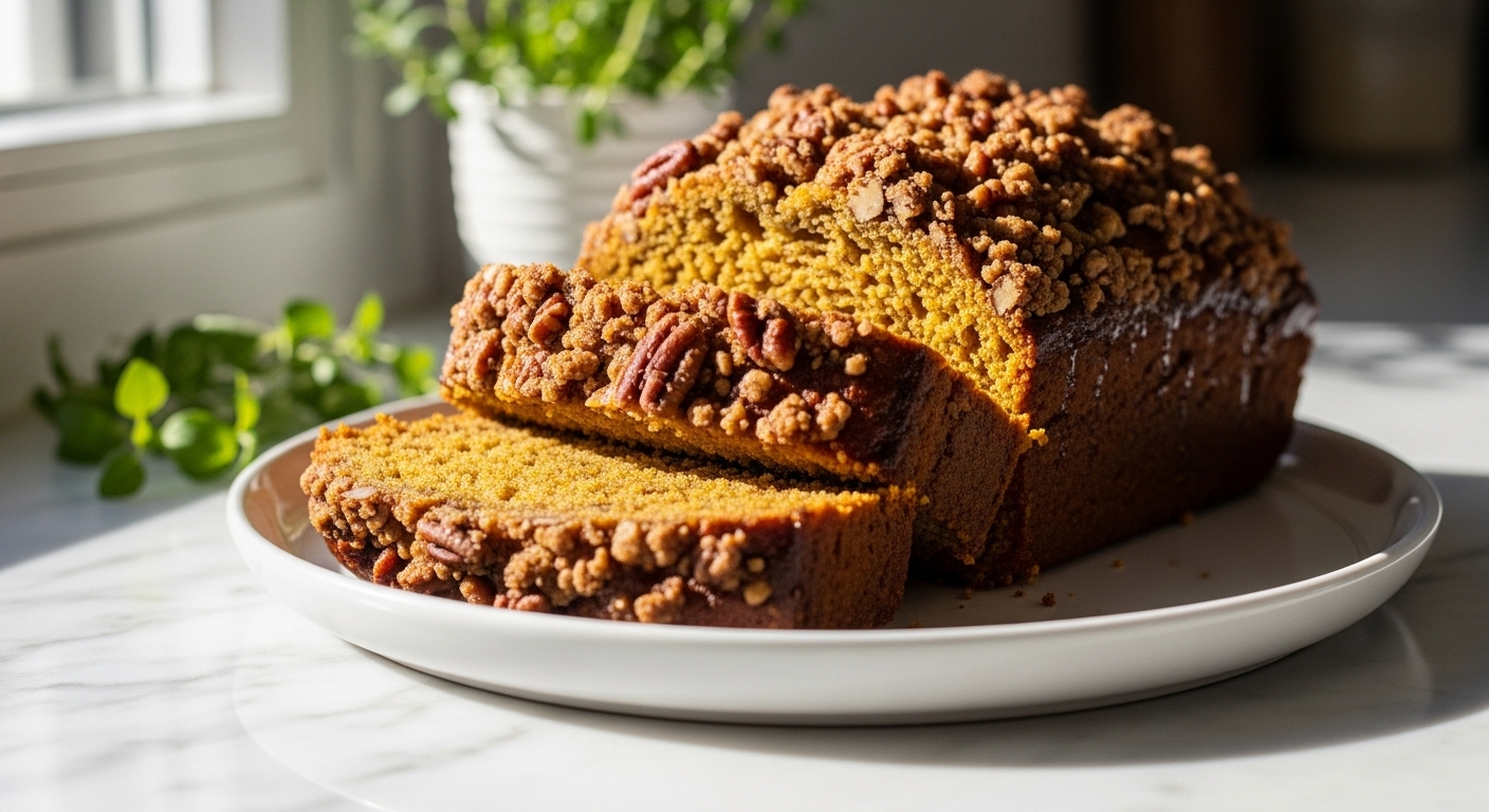 A beautifully sliced loaf of Pumpkin Pecan Streusel Bread, glistening with moisture, on a minimalist white plate. The golden-brown pecan streusel is clearly visible. The scene is bathed in natural morning light from the east window, resting on marble countertops with fresh herbs in the soft-focused background. Warm tones, clean and tidy presentation.