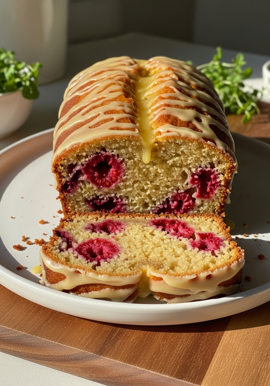 A deliciously appealing, perfectly golden-brown Raspberry Lemon Gluten-Free Bread loaf, generously drizzled with bright lemon glaze, presented on a minimalist white plate on the wooden cutting board. A single slice has been removed, revealing its moist, tender crumb and the beautiful burst of raspberries within. Natural morning light creates warm tones and soft shadows. Fresh herbs are visible in the background.