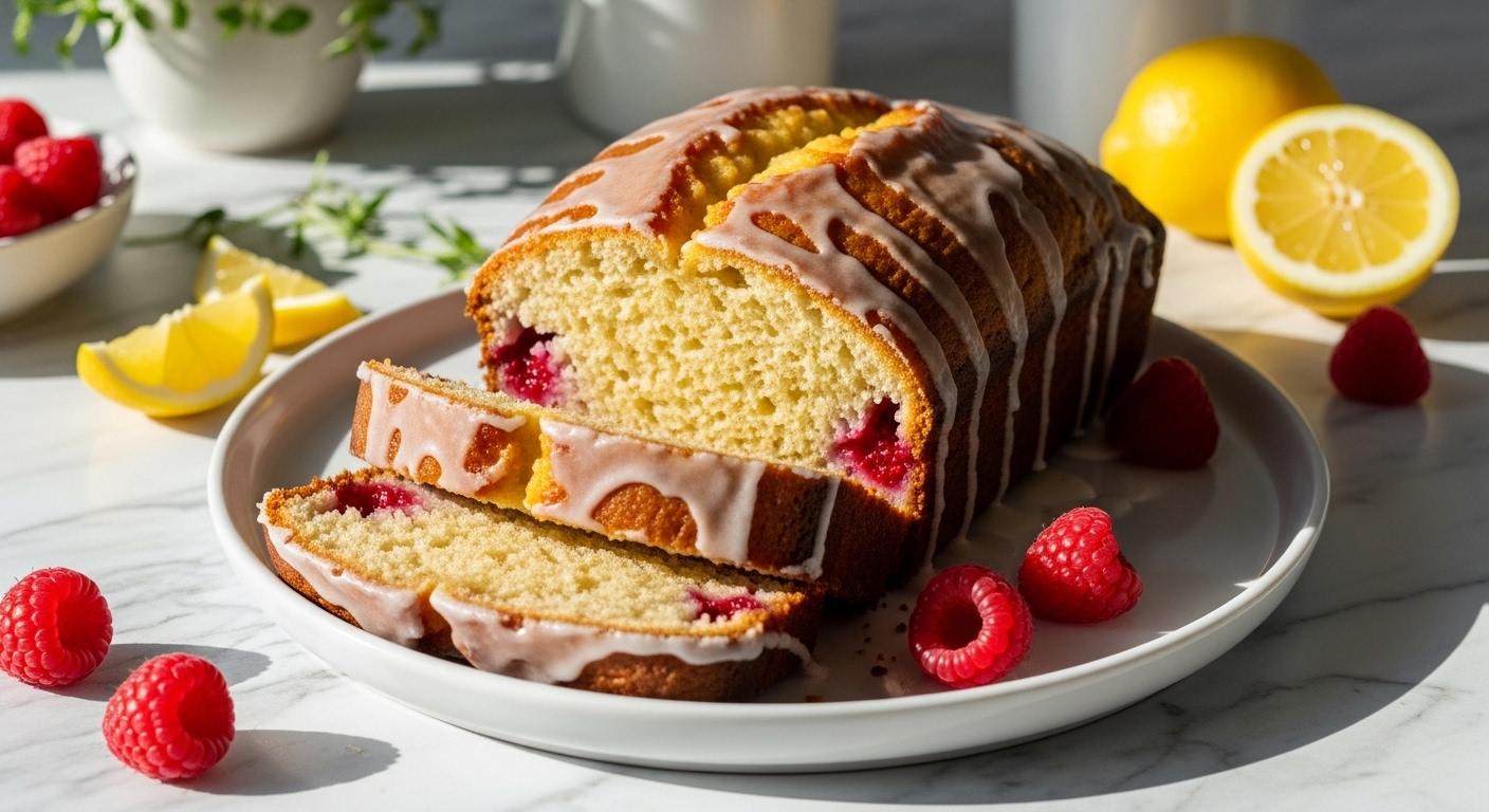 A beautifully golden-brown, glazed Raspberry Lemon Gluten-Free Bread loaf, perfectly sliced and arranged on a minimalist white plate, with a few fresh raspberries and lemon slices scattered around it on the marble countertop. Natural morning light casts soft shadows. Fresh herbs are visible in the background, adding a touch of green. The overall presentation is clean, tidy, and emphasizes the deliciousness of the bread.