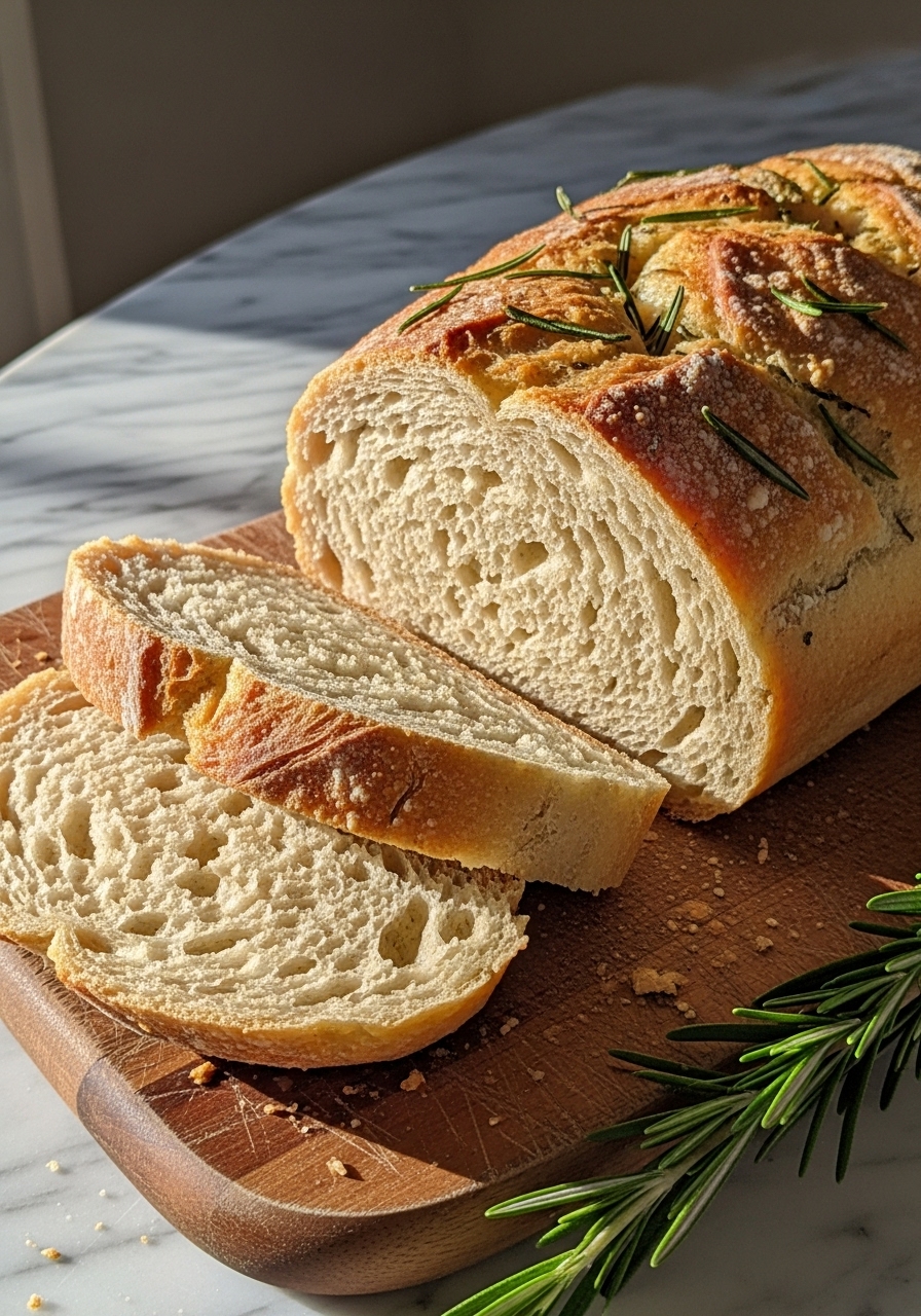 A delicious close-up, angled shot of a sliced rosemary garlic artisan bread loaf, revealing its tender, airy crumb and golden crust. It rests on the signature wooden cutting board on marble countertops, with a sprig of fresh rosemary nearby. The scene is bathed in natural morning light, showcasing warm tones and soft shadows. No hands.