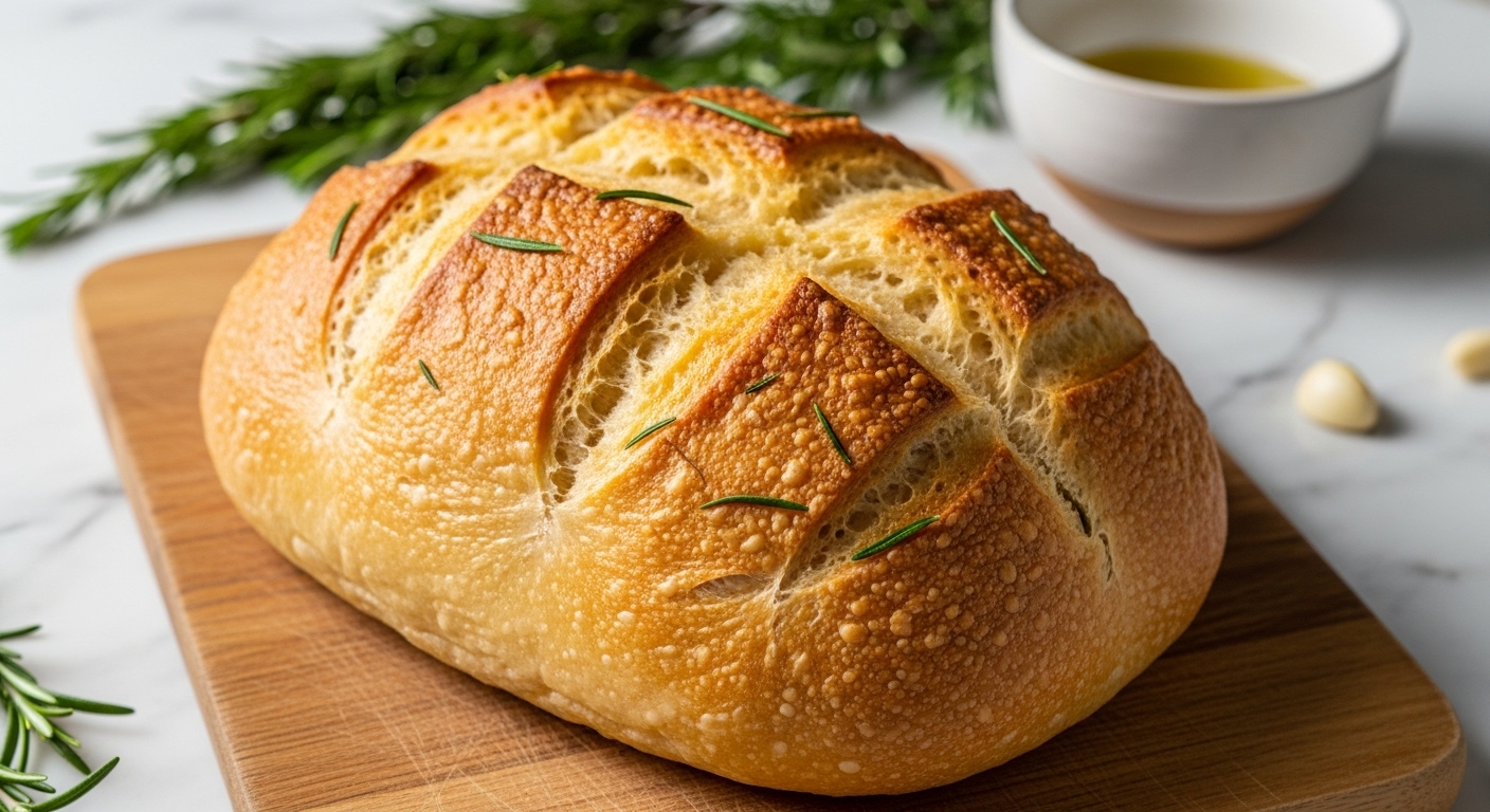A mouth-watering, golden-brown rosemary garlic artisan bread loaf, perfectly baked, presented whole on the wooden cutting board on marble countertops. Natural morning light casts soft shadows. Fresh rosemary sprigs and a ceramic bowl with olive oil are subtly visible in the background, maintaining a warm, clean and tidy presentation. No hands.