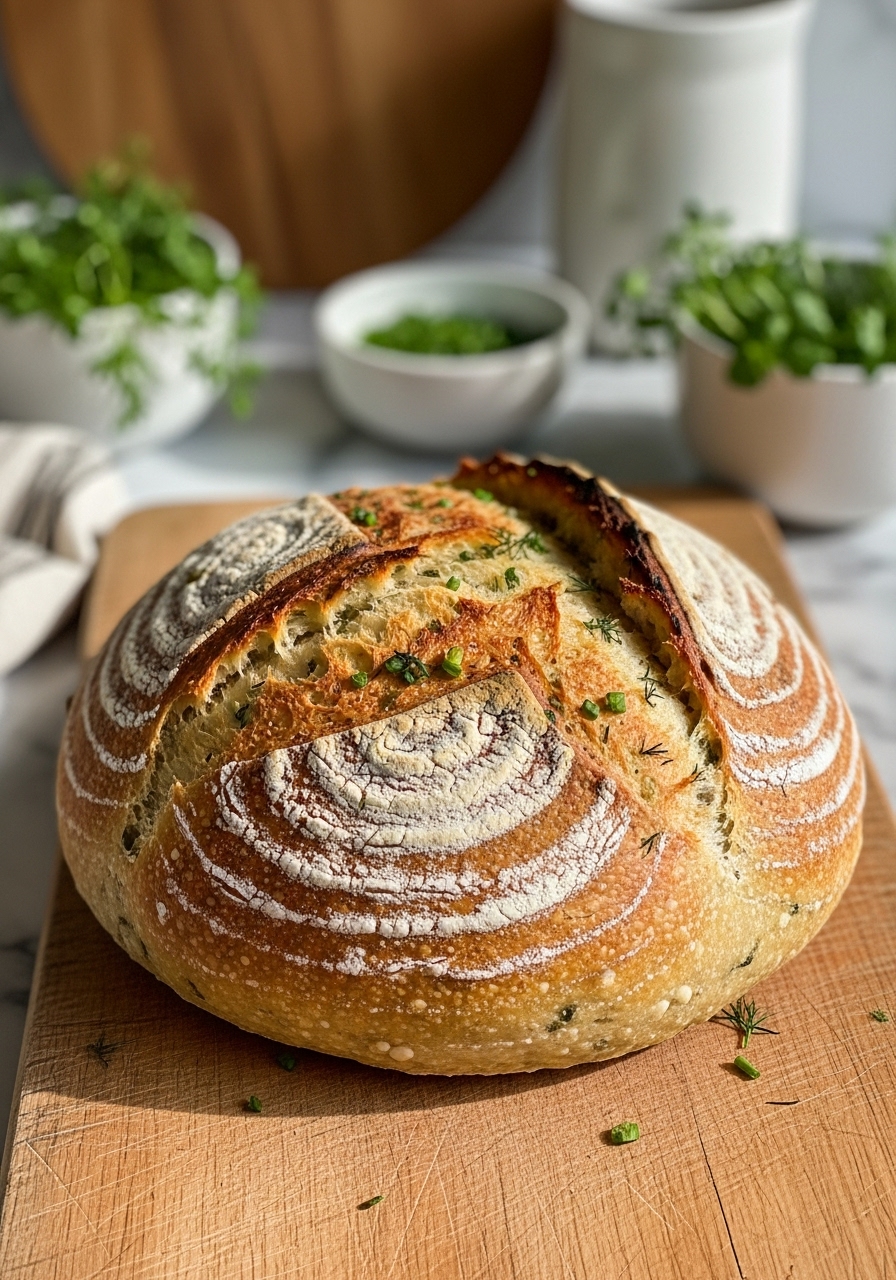 A gorgeous close-up shot of a whole, uncut Savory Herb Artisan Bread loaf resting on the wooden cutting board, cooling. The golden-brown crust is perfectly blistered, showing hints of the baked-in dill and chives. Soft natural morning light illuminates the loaf, highlighting its rustic texture. The marble countertops and fresh herbs in ceramic bowls are subtly in the background, maintaining a clean and tidy presentation with warm tones.