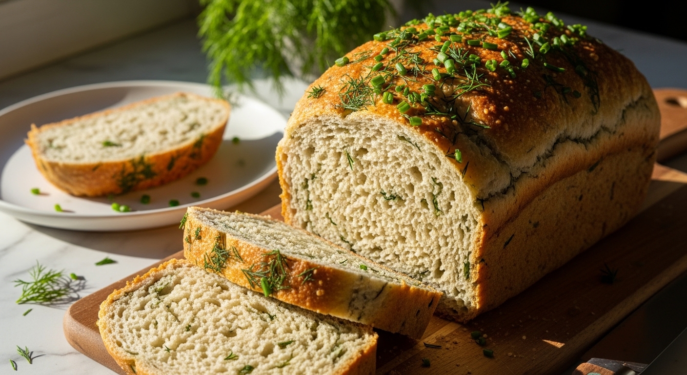 A beautifully baked loaf of Savory Herb Artisan Bread, with a perfectly golden, crusty exterior and a scattering of fresh dill and chives on top. It's prominently displayed on the wooden cutting board, with a few slices already cut, revealing the tender, airy crumb flecked with green herbs. The scene is bathed in soft natural morning light from the east window, creating warm tones and gentle shadows on the marble countertops. A minimalist white plate nearby holds a single delicious-looking slice, with fresh herbs visible in the soft-focus background. Clean and tidy presentation, showcasing genuine love for the process.