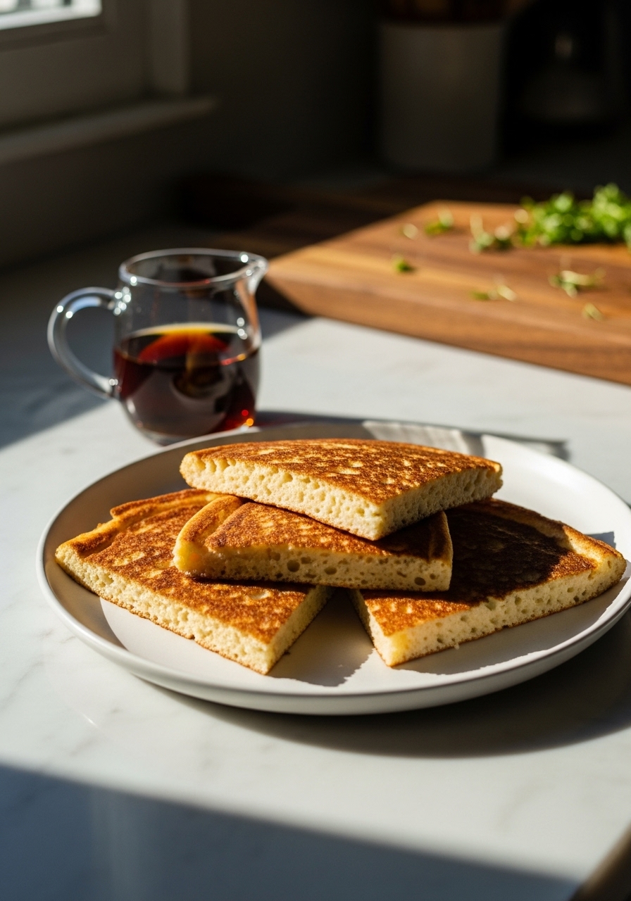 A close-up, slightly elevated 3:4 shot of a few perfectly golden brown Sheet Pan Pancake slices, carefully arranged on a minimalist white plate, with a small pitcher of maple syrup nearby. The scene is bathed in natural morning light from an east window on marble countertops, with the wooden cutting board visible in the background and soft shadows enhancing the warm tones. Fresh herbs are subtly in view, adding to the clean, tidy presentation.