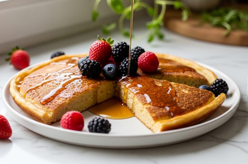 A beautifully composed 16:9 hero shot of the final, golden-brown Sheet Pan Pancakes, perfectly sliced and artfully arranged on a minimalist white plate, generously drizzled with maple syrup and adorned with vibrant fresh berries. The scene is bathed in soft, natural morning light filtering from an east window, highlighting the marble countertops with subtle wood accents. Fresh herbs are visible in the soft-focus background, and the overall presentation is clean, tidy, with warm tones and inviting soft shadows, creating a deliciously appealing view.