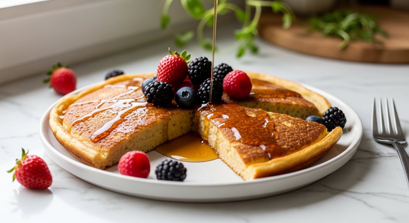 A beautifully composed 16:9 hero shot of the final, golden-brown Sheet Pan Pancakes, perfectly sliced and artfully arranged on a minimalist white plate, generously drizzled with maple syrup and adorned with vibrant fresh berries. The scene is bathed in soft, natural morning light filtering from an east window, highlighting the marble countertops with subtle wood accents. Fresh herbs are visible in the soft-focus background, and the overall presentation is clean, tidy, with warm tones and inviting soft shadows, creating a deliciously appealing view.