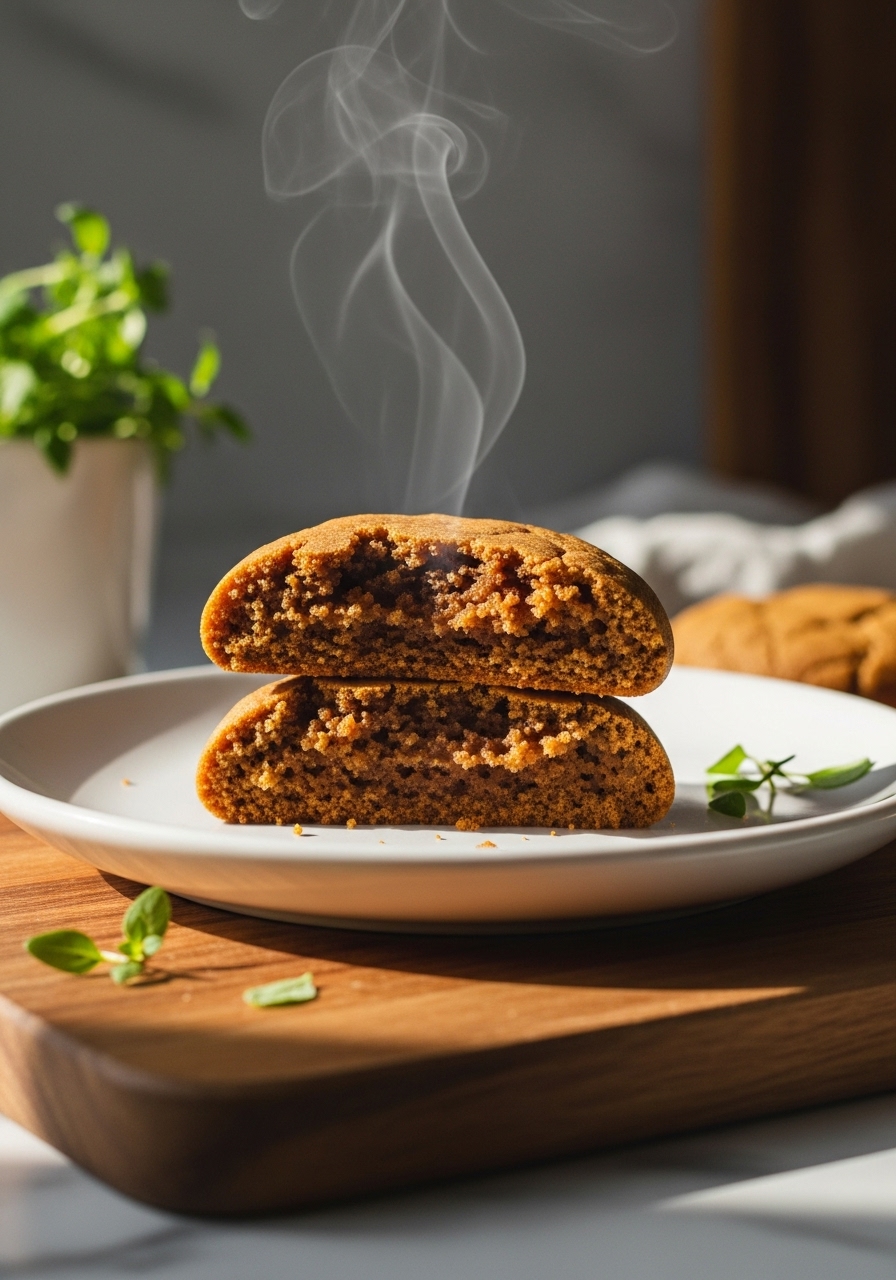 A close-up 3:4 shot of a single Soft and Chewy Ginger Snap, broken in half to reveal its tender, soft interior, with steam subtly rising. The cookie is placed on a minimalist white plate, resting on the wooden cutting board, with fresh herbs and a hint of marble countertop in the background, bathed in natural morning light. The warm tones emphasize its deliciousness and homemade quality.