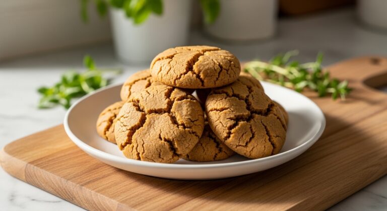 A beautifully composed 16:9 hero shot of a small stack of perfectly baked, golden-brown Soft and Chewy Ginger Snaps on a minimalist white plate. The cookies have visible crackled tops and a soft, inviting texture. The plate rests on the wooden cutting board on marble countertops, with fresh herbs subtly blurred in the background, illuminated by soft natural morning light. The scene is clean, tidy, and has warm tones, creating an inviting, delicious appeal.
