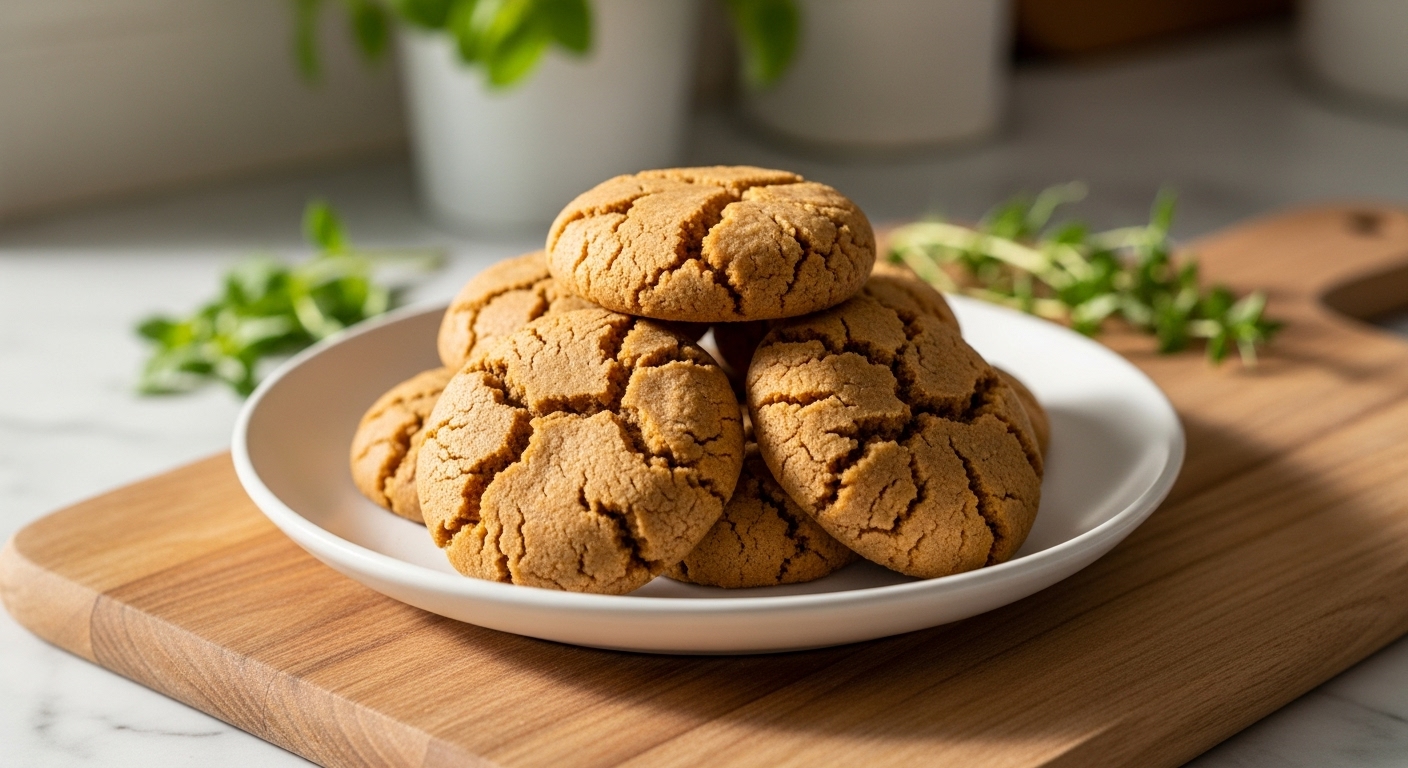 A beautifully composed 16:9 hero shot of a small stack of perfectly baked, golden-brown Soft and Chewy Ginger Snaps on a minimalist white plate. The cookies have visible crackled tops and a soft, inviting texture. The plate rests on the wooden cutting board on marble countertops, with fresh herbs subtly blurred in the background, illuminated by soft natural morning light. The scene is clean, tidy, and has warm tones, creating an inviting, delicious appeal.