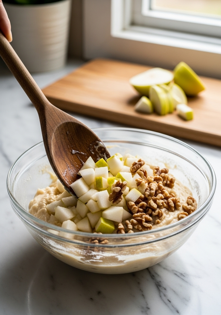 A rustic wooden spoon gently folding diced, firm ripe pears and chopped walnuts into a bowl of quick bread batter. The bowl rests on marble countertops, illuminated by natural morning light from an east window. The same wooden cutting board is subtly visible, and warm tones define the scene, with no hands visible.