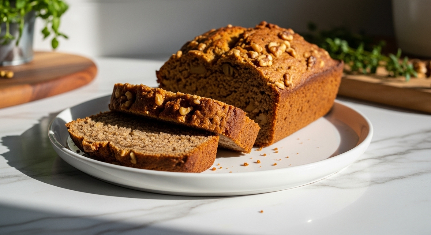 A beautifully sliced loaf of deliciously appealing Spiced Pear And Walnut Bread on a minimalist white plate, placed on marble countertops with wood accents. Natural morning light streams from an east window, casting soft shadows. Fresh herbs are visible in the background, adding a touch of green to the warm tones. The presentation is clean and tidy.