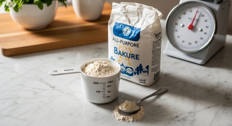 An inviting, beautifully composed overhead shot on marble countertops with wood accents, showcasing a perfectly leveled minimalist white measuring cup of all-purpose flour next to a bag of flour, a small spoon, and a kitchen scale. Soft morning light from the east window illuminates the scene, creating warm tones and soft shadows. Fresh herbs are visible in a ceramic bowl in the blurred background. The setup is clean and tidy, emphasizing accurate baking, with the same wooden cutting board subtly present.
