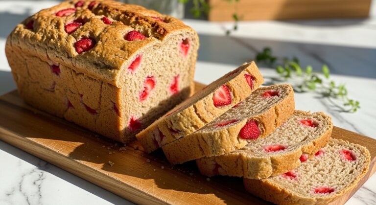 A mouth-watering, perfectly golden-brown loaf of Strawberry Whole Wheat Bread, with several slices neatly arranged next to it, revealing the wholesome crumb dotted with bright red strawberry pieces. The scene is bathed in natural morning light on a marble countertop with subtle wood accents, a sprig of fresh herbs in the background, and presented on the same familiar wooden cutting board, exuding a clean, tidy, and warm homemade aesthetic. No hands are visible.