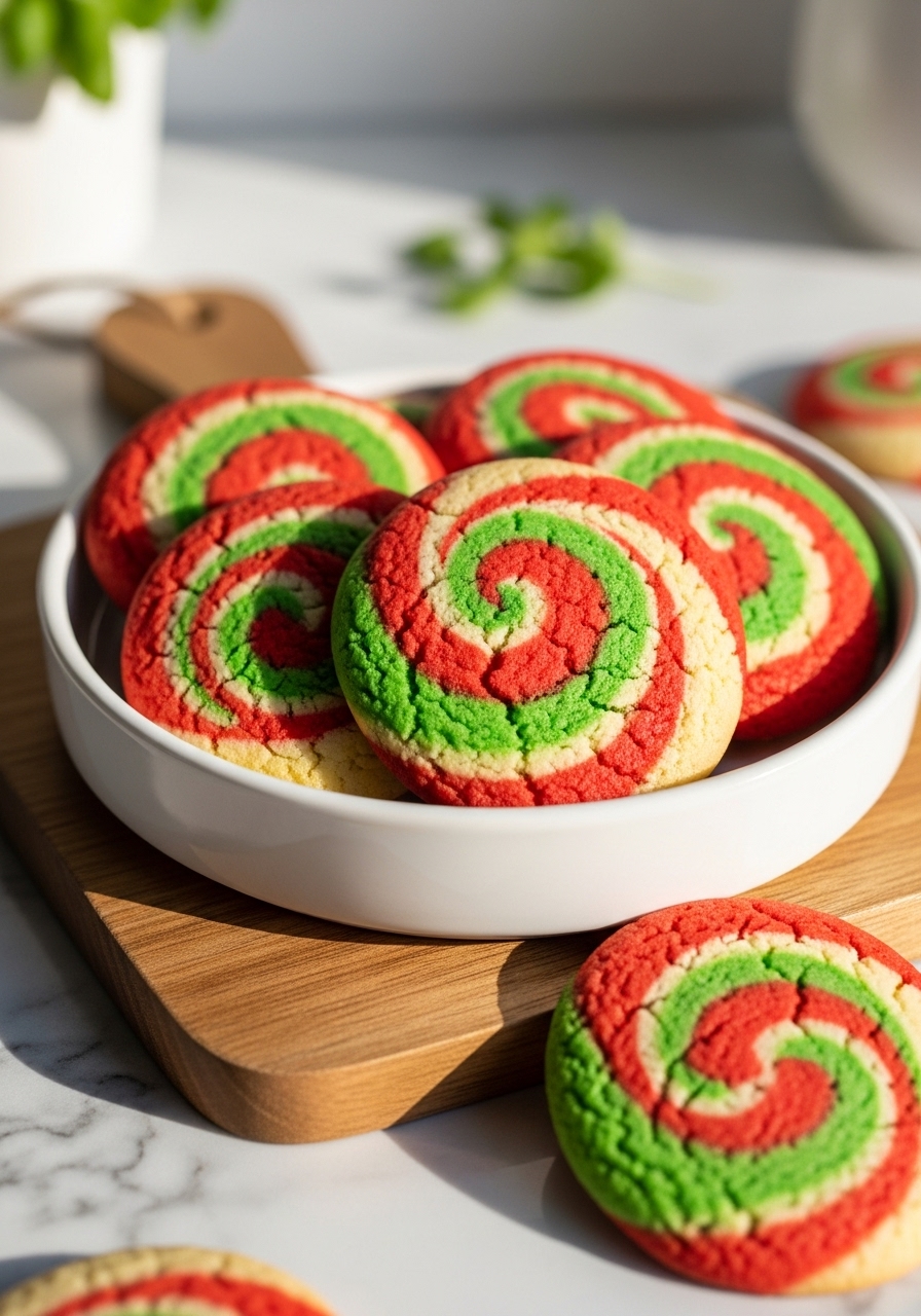 A close-up shot of several perfectly baked Twisted Christmas Cookies, showcasing their distinct red and green swirls and golden-brown edges. They rest on a minimalist white ceramic bowl on the same wooden cutting board, with marble countertops and a hint of fresh herbs in the soft background, bathed in natural morning light. The texture appears buttery and delicious.