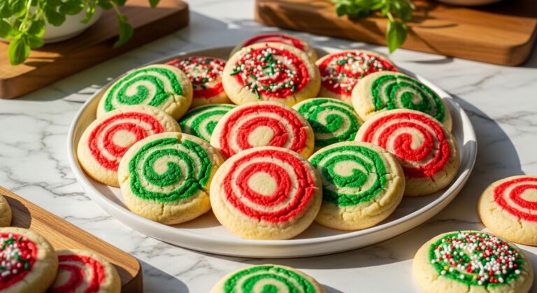 A beautifully arranged platter of freshly baked, golden-edged Twisted Christmas Cookies on a minimalist white plate, set on marble countertops with wood accents. Natural morning light spills from the east window, creating soft shadows. Fresh green herbs are visible in the background, adding a touch of freshness to the warm, festive scene. The cookies are perfectly twisted with vibrant red and green swirls, some adorned with festive sprinkles, looking incredibly appetizing and homemade.