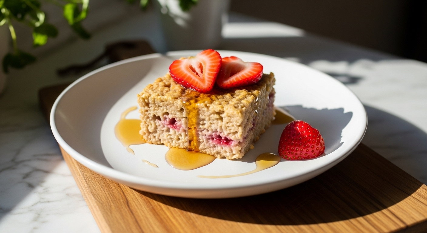 A beautifully plated individual serving of Valentine's Day Baked Oatmeal, topped with fresh strawberry hearts and a drizzle of maple syrup, on a minimalist white plate. The dish is perfectly centered on a wooden cutting board on marble countertops. Natural morning light streams in from an east window, casting soft shadows. Fresh herbs are visible in the background, adding a touch of green. Warm tones, clean and tidy presentation, delicious and inviting.