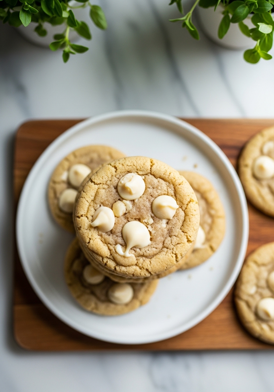 A delicious overhead shot of a stack of warm, golden-edged White Chocolate Macadamia Nut Cookies on a minimalist white ceramic plate, placed on the same wooden cutting board against marble countertops. Natural morning light from the east window casts soft shadows. Fresh herbs are blurred in the background, adding a touch of freshness. The cookies are slightly warm, showing melted white chocolate. No hands visible, clean and tidy presentation.