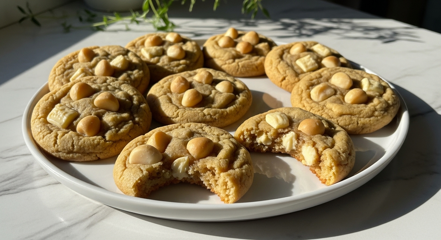 A beautifully arranged plate of golden-brown White Chocolate Macadamia Nut Cookies, some perfectly whole, some with a bite taken, showcasing the creamy white chocolate chunks and crunchy macadamia nuts. Plated on a minimalist white plate on marble countertops with natural morning light streaming from an east window. Fresh herbs are subtly visible in the soft-shadowed background. Warm tones, clean and tidy presentation, no hands or people visible.