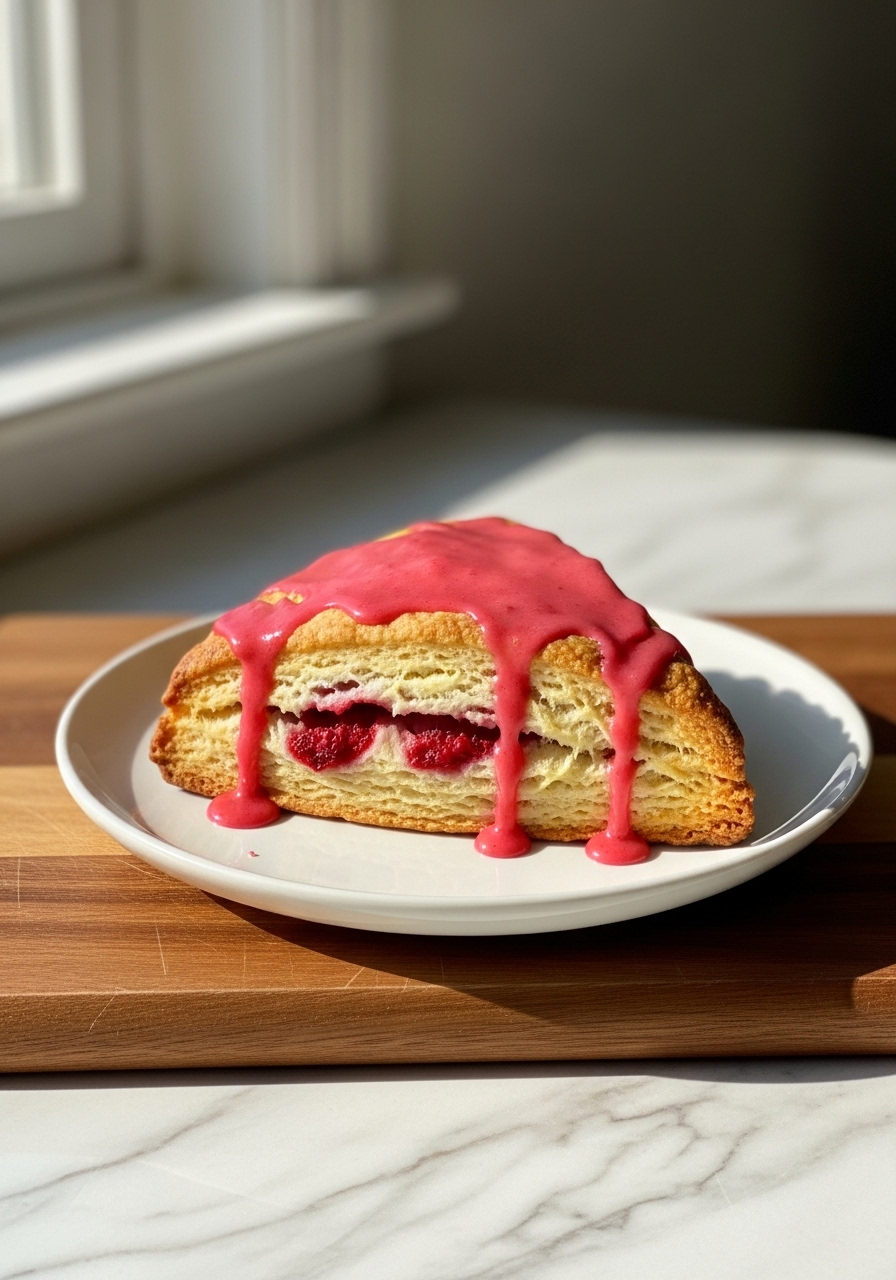 A slightly elevated, appetizing shot of a single golden brown Gluten Free White Chocolate Raspberry Scone, triangular in shape, on a small minimalist white plate. The rich pink raspberry glaze drips gently down its sides, highlighting the flaky texture and visible baked-in raspberries. It sits on the wooden cutting board on a marble countertop, bathed in natural morning light from the east window, with subtle warm tones and soft shadows. No hands.