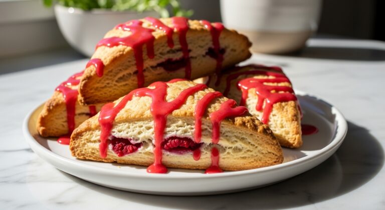 A beautifully composed hero shot of golden brown Gluten Free White Chocolate Raspberry Scones, triangular in shape, on a minimalist white plate, generously drizzled with a bright pink raspberry glaze that glistens. Visible raspberries are baked into the flaky scone. The setting is a clean marble countertop with soft natural morning light from the east window, and a hint of fresh herbs in a ceramic bowl in the soft background. Warm tones, soft shadows, and a deliciously appealing presentation. No hands.