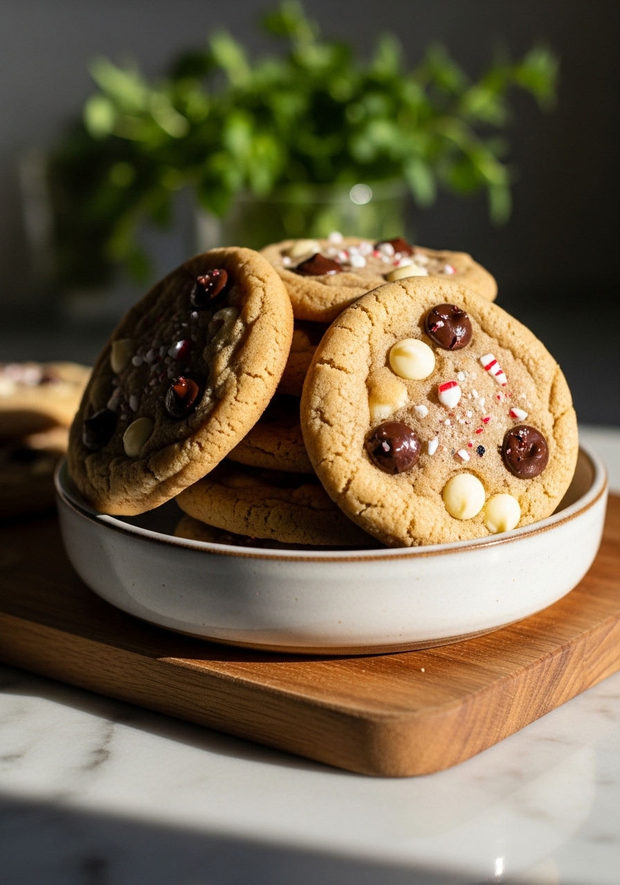 A close-up, slightly elevated shot of a stack of mouth-watering Winter Wonderland Chocolate Chip Cookies on a ceramic bowl placed on the wooden cutting board, with visible white chocolate chips and crushed peppermint. The scene is bathed in natural morning light, creating soft shadows on the marble countertop. Fresh herbs are blurred in the background, enhancing the warm and inviting atmosphere. Focus on the texture and golden edges of the cookies.