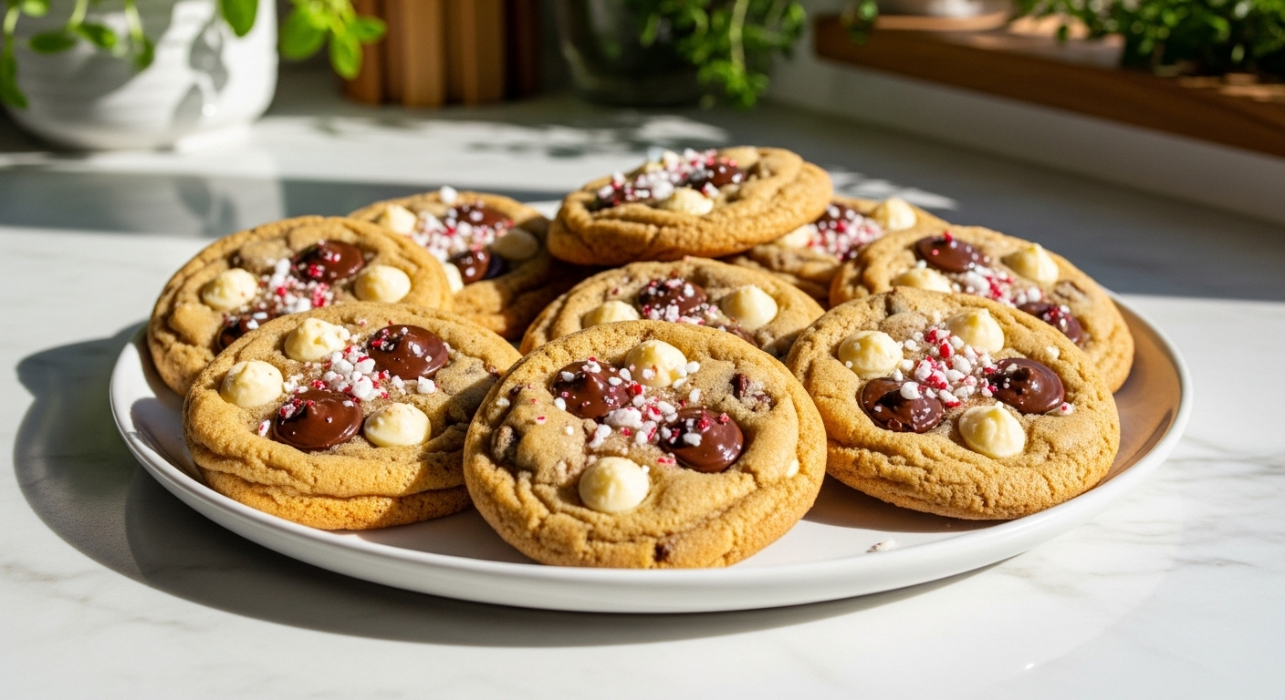 A beautifully arranged platter of freshly baked, golden brown Winter Wonderland Chocolate Chip Cookies, adorned with a sprinkle of crushed peppermint and white chocolate chunks. The cookies are on a minimalist white plate, set against a marble countertop with soft natural morning light streaming from an east window, casting warm tones and soft shadows. Fresh herbs are visible in the background, adding a touch of green, with wood accents subtly present, creating a clean and tidy, yet lived-in feel. Emphasize the deliciousness and festive appeal.