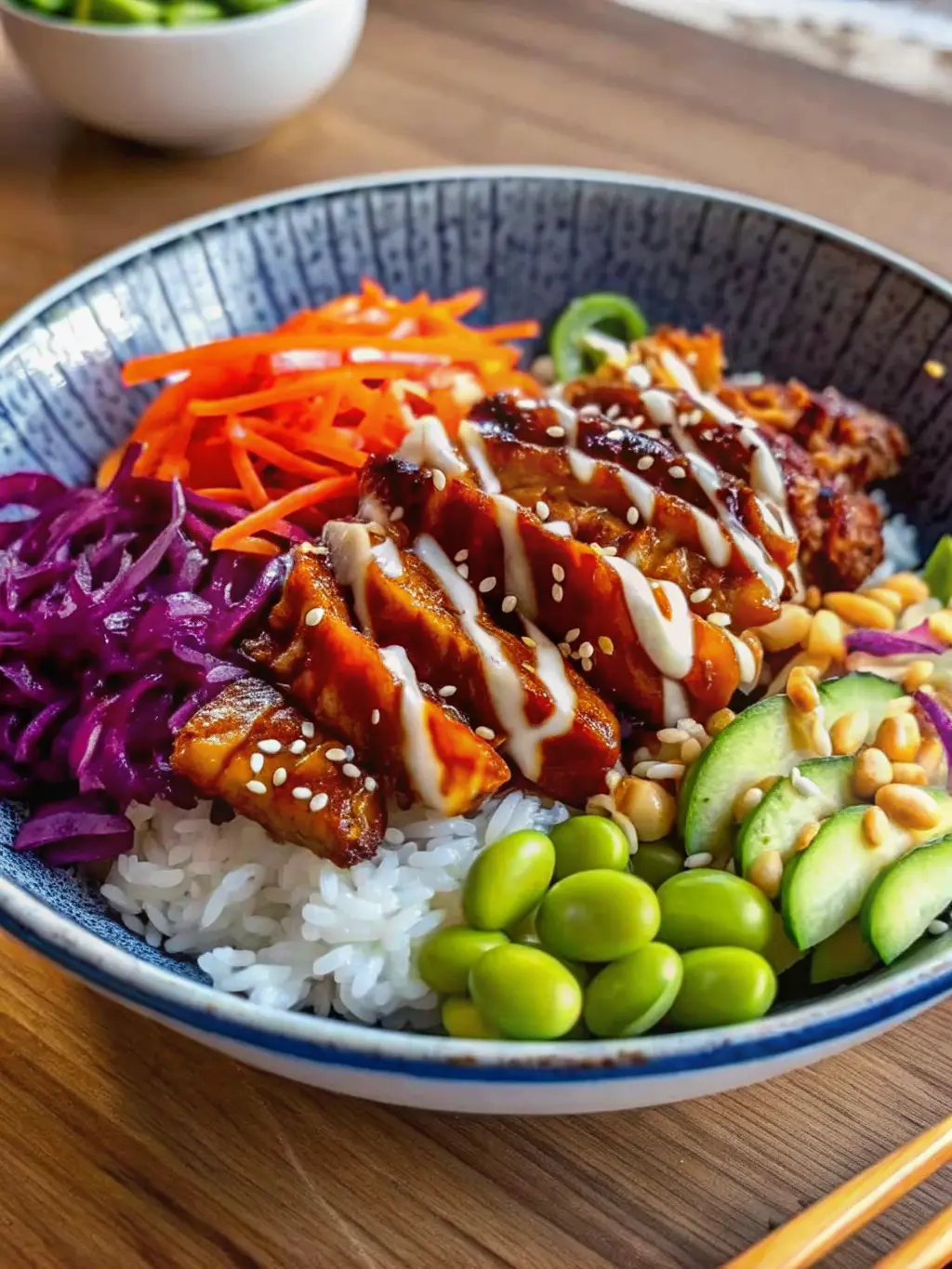 A curated arrangement of fresh, vibrant ingredients for Teriyaki Chicken Bowls on a wooden cutting board, set on a light marble countertop. Visible items include raw chicken pieces, a small bowl of mixed teriyaki sauce ingredients (soy sauce, honey, etc.), neatly shredded orange carrots, a pile of bright green shelled edamame, finely shredded purple cabbage, and thinly sliced green cucumber. The scene is bathed in natural morning light from an east window, creating soft shadows. Fresh herbs are subtly visible in the background. (3:4 ratio).