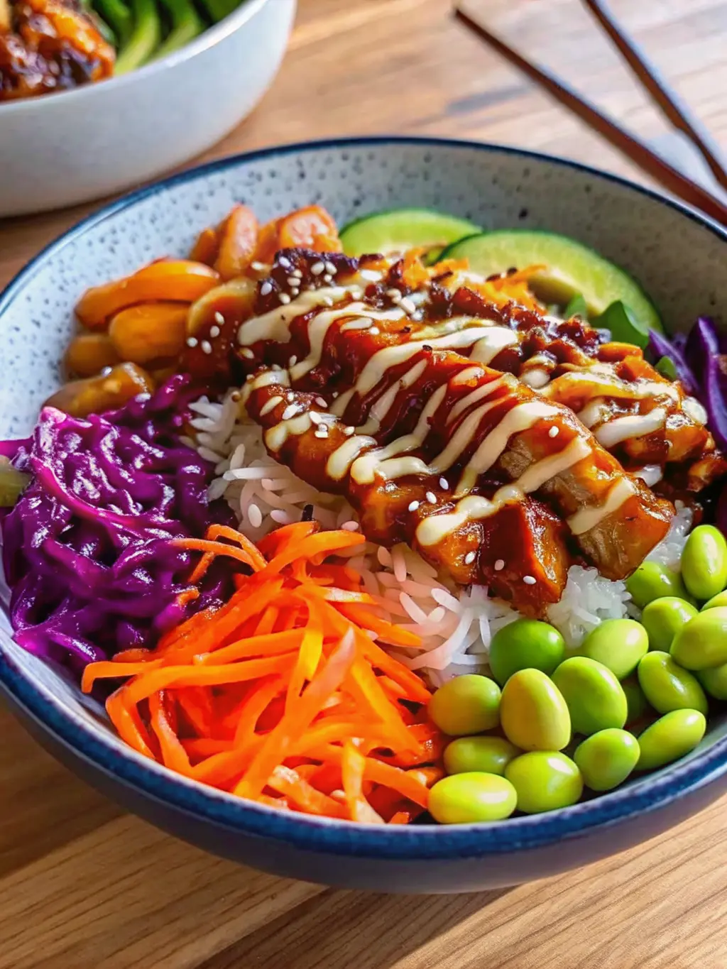 A close-up of teriyaki-glazed chicken cooking in a well-seasoned cast iron skillet or wok, glistening with the rich, thick sauce. The chicken pieces are golden brown and slightly caramelized, with steam gently rising. The skillet is on a subtle stovetop burner on a light marble countertop, with warm wood accents in the periphery. Natural morning light creates inviting soft shadows, emphasizing the texture of the chicken and sauce. (3:4 ratio).