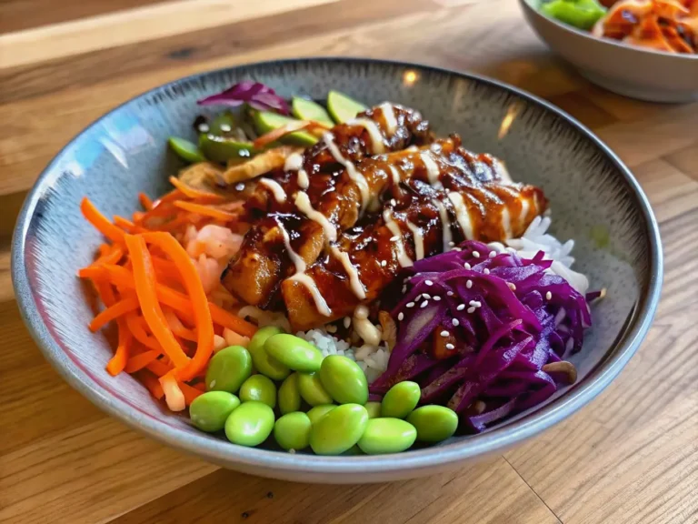 A beautifully arranged Teriyaki Chicken Bowl in a blue ceramic bowl, featuring glistening teriyaki-glazed chicken slices over white rice, drizzled with a creamy white sauce and sprinkled with sesame seeds. Around the chicken, vibrant sections of shredded orange carrots, bright green edamame, thinly sliced green pickled cucumber, and finely shredded purple cabbage are neatly placed. The bowl is positioned on a light marble countertop with warm wood accents visible. Natural morning light from an east window casts soft shadows. The overall presentation is clean, tidy, and warm-toned, with a focus on the fresh ingredients. (4:3 ratio).