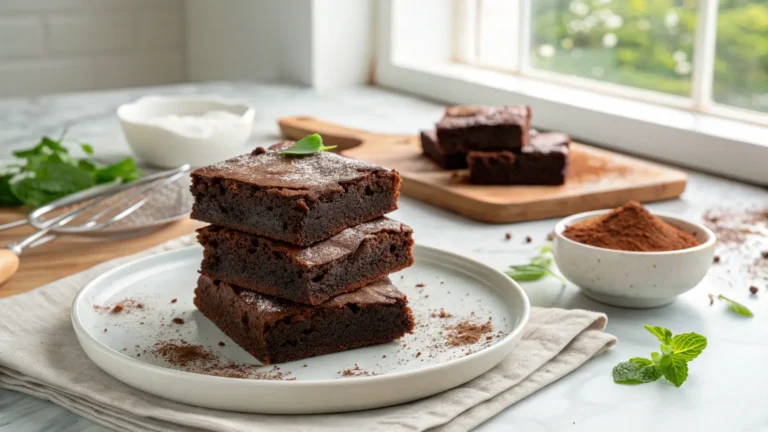 A beautifully plated stack of three incredibly fudgy, dark chocolate No-Fuss Fudgy Brownies on a minimalist white plate, dusted lightly with cocoa powder. The scene is bathed in natural morning light from an east window, highlighting their gooey texture. Visible in the soft-focused background are marble countertops, a hint of fresh herbs, and the signature wooden cutting board. The presentation is clean, tidy, and exudes warmth with soft shadows and rich tones. No hands. (16:9)