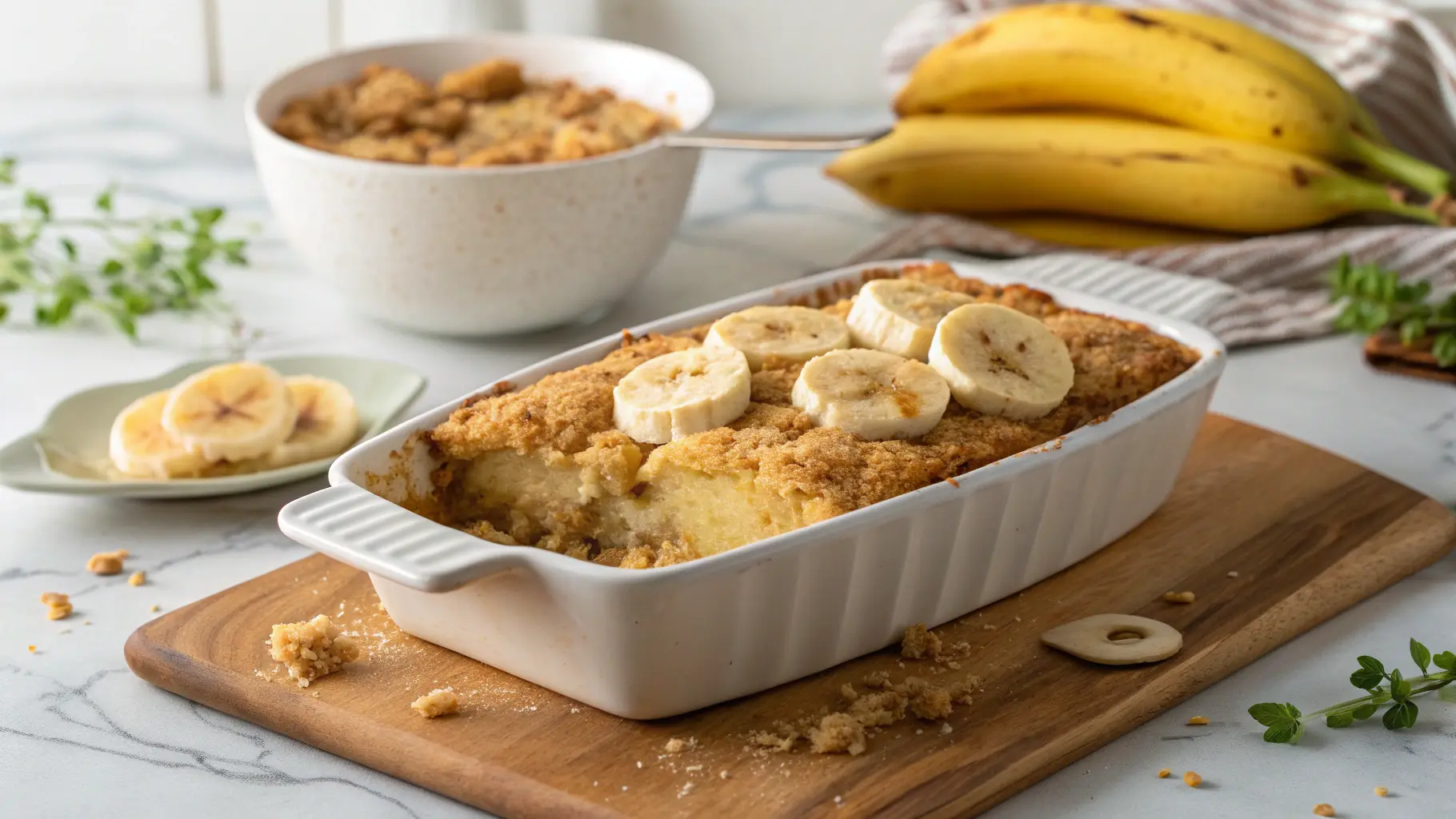 A beautifully plated, warm Banana Bread Cobbler in a minimalist white ceramic baking dish, a generous serving scooped out revealing the gooey banana filling. The golden brown crumb topping with sliced bananas is visible. Styled on a marble countertop with a wooden cutting board, soft morning light casting warm tones and gentle shadows, and fresh herbs subtly blurred in the background, exuding a clean and tidy presentation. NO HANDS.