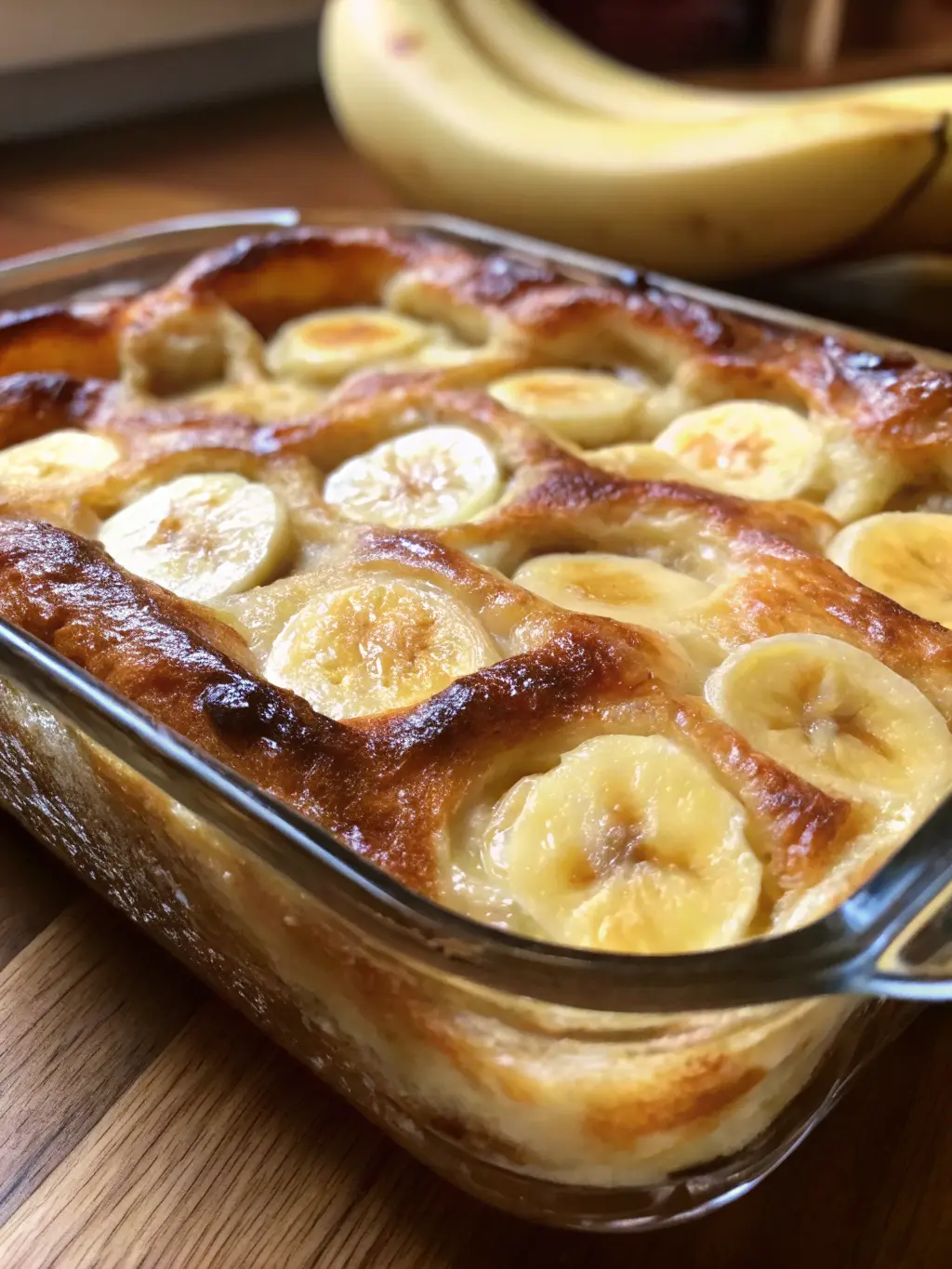 Ingredients laid out for Banana Croissant French Toast Casserole: torn day-old croissants, thinly sliced ripe bananas, eggs in a minimalist white ceramic bowl, milk, heavy cream, softened cream cheese, brown sugar, vanilla, cinnamon, nutmeg, and salt. All arranged on a wooden cutting board on a light marble countertop, bathed in natural morning light. NO HANDS OR PEOPLE.
