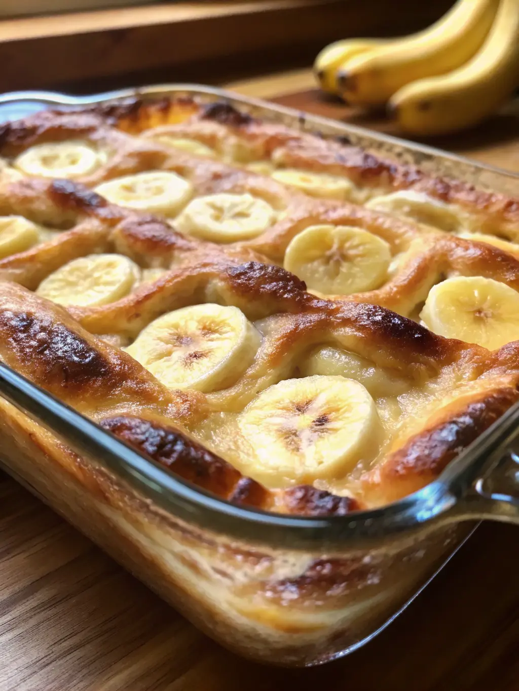 A close-up of torn croissant pieces soaking in a rich, spiced custard in a minimalist white ceramic bowl, being gently transferred into a clear glass baking dish. Sliced bananas are visible nearby, ready for layering. The scene is set on a light marble countertop with a wooden accent, illuminated by soft morning light. NO HANDS OR PEOPLE.
