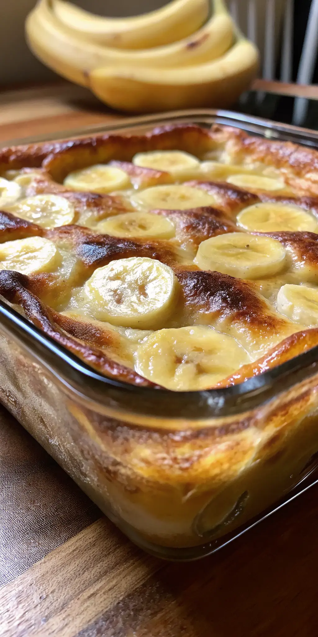 A serving of the Banana Croissant French Toast Casserole, scooped from the glass baking dish onto a minimalist white plate, showcasing its soft, custardy interior and golden, slightly crisp edges. A light dusting of powdered sugar is visible. The plate is on a wooden surface, with the baking dish in the background, under warm, natural light. NO HANDS OR PEOPLE.