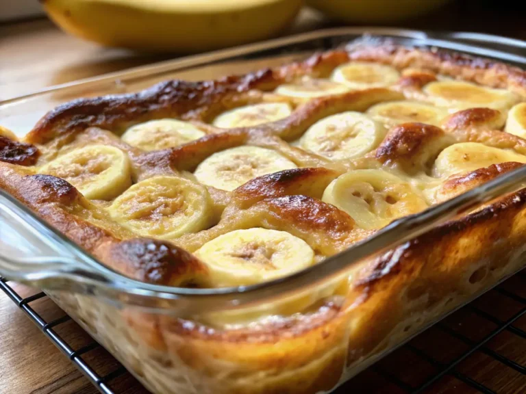 A golden brown, puffed Banana Croissant French Toast Casserole in a clear glass baking dish, generously dusted with powdered sugar. Visible sliced banana rounds are nestled among the flaky croissant pieces. The casserole is placed on a light marble countertop with a subtle wood accent on the right. Soft, natural morning light from an east window casts warm tones and gentle shadows. A bunch of yellow bananas are out of focus in the background. (4:3 ratio). NO HANDS OR PEOPLE.