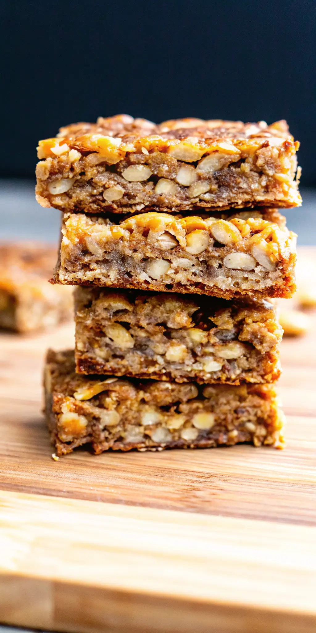A close-up of a single Banana Oatmeal Bar on a minimalist white plate, showing the chewy, moist interior texture with visible banana pieces and oats. A sprig of mint or a small pot of basil is blurred in the background, adding a touch of fresh green. The same wooden cutting board is subtly present. Shot in warm natural light with soft shadows. No hands or people. (3:4 ratio)