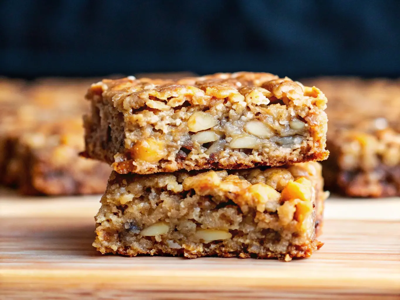 A close-up, stacked shot of two golden-brown Banana Oatmeal Bars on a light wooden cutting board. The bars have a visible oat topping and a moist, caramel-colored interior with chunks of banana. Shot in natural morning light from an east window, with soft shadows and warm tones, against a subtle background of marble countertop. Clean and tidy presentation, no hands or people. (4:3 ratio)