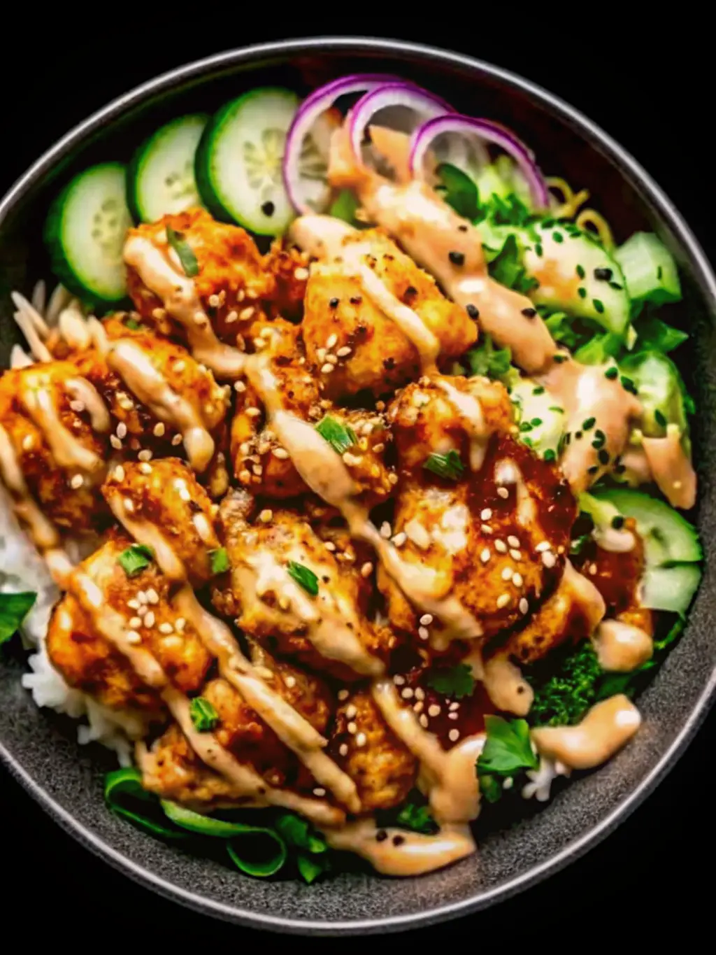A close-up, inviting shot of the texture of a Bang Bang Chicken Bowl in a minimalist dark grey ceramic bowl. Focus on a spoonful lifted slightly, revealing the layers of crispy sauced chicken, fluffy white rice, vibrant green lettuce, and thin cucumber slices. The creamy orange sauce, chopped green onions, and sesame seeds are clearly visible. Natural morning light on a marble countertop with soft shadows and warm tones, 3:4 ratio.