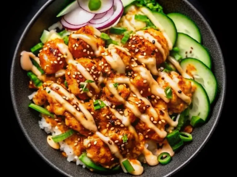 A beautifully plated Bang Bang Chicken Bowl in a dark grey ceramic bowl, overflowing with crispy golden chicken, white rice, fresh shredded lettuce, thin cucumber slices, and red onion, all generously drizzled with a creamy, orange-hued spicy-sweet sauce. Garnished with chopped green onions and toasted sesame seeds. Shot with natural morning light on a marble countertop, soft shadows, warm tones, and fresh green herbs visible in the background, a clean and tidy presentation, 4:3 ratio.