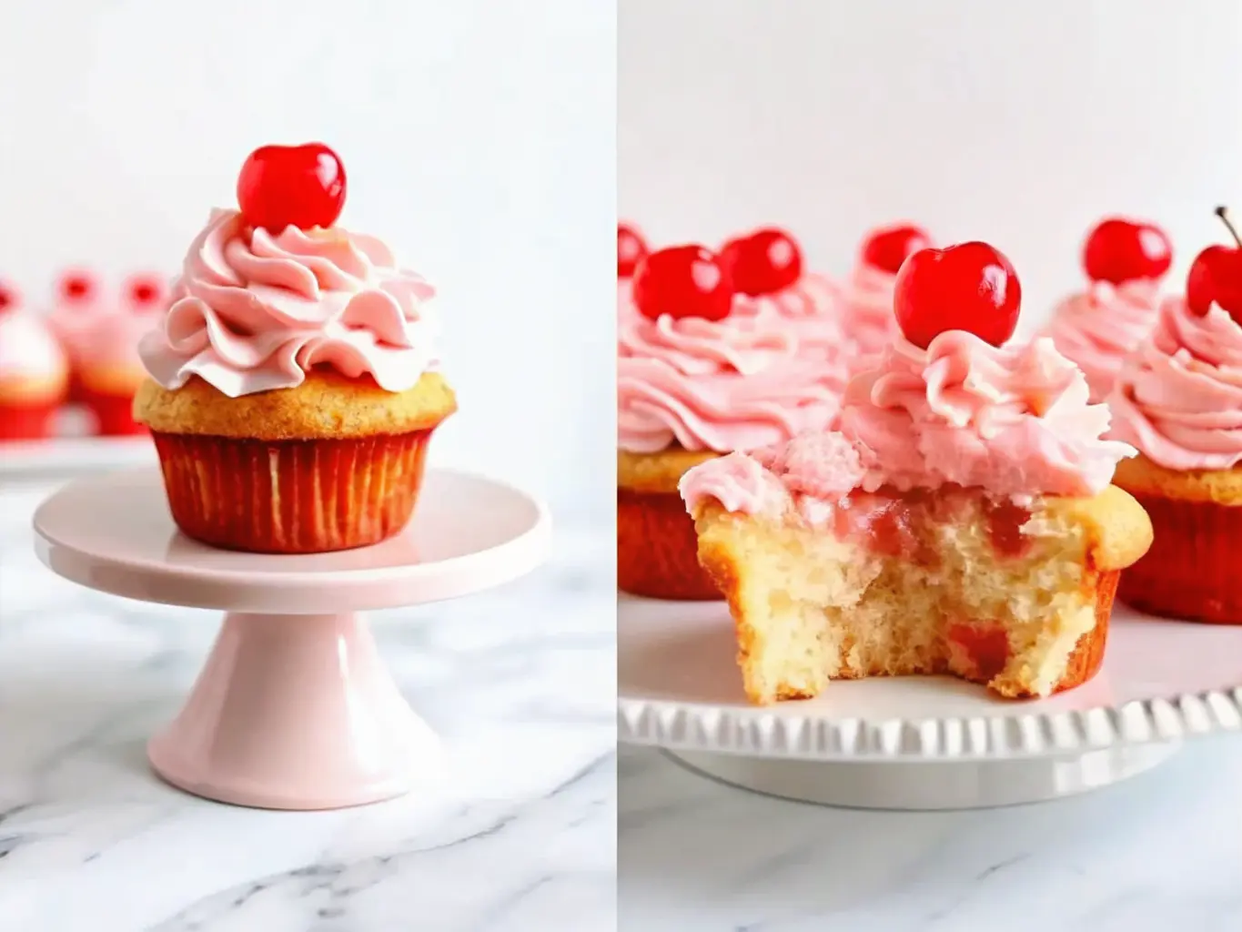 A close-up (4:3 ratio) of a single homemade Cherry Chip Cupcake on a small, minimalist white ceramic cake stand. The cupcake has a bite taken out, revealing the perfectly pink, fluffy cake interior with visible cherry bits. It's topped with a generous swirl of light pink cherry buttercream frosting and a bright red maraschino cherry. In the soft-focus background, a white platter holds several other similarly frosted Cherry Chip Cupcakes. The setting is a clean, bright marble countertop with natural morning light creating soft shadows. NO HANDS OR PEOPLE.