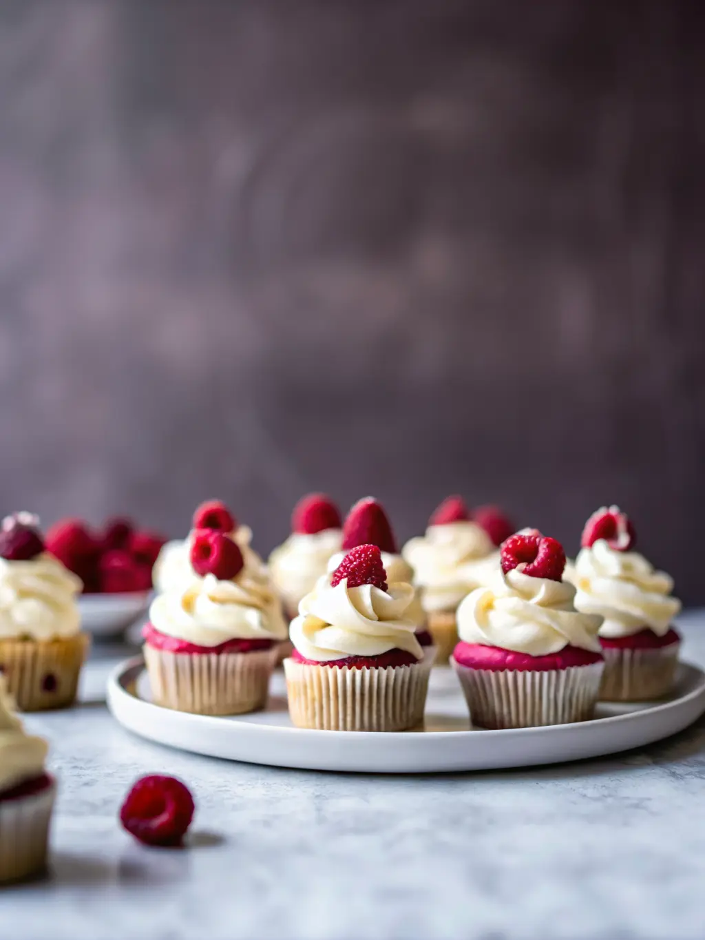 Ingredients for White Chocolate Raspberry Cupcakes arranged on a wooden cutting board: flour, sugar, eggs, milk, white chocolate chips, and vibrant fresh raspberries in minimalist white ceramic bowls. Natural morning light from an east window, soft shadows. 3:4 aspect ratio. NO HANDS OR PEOPLE.