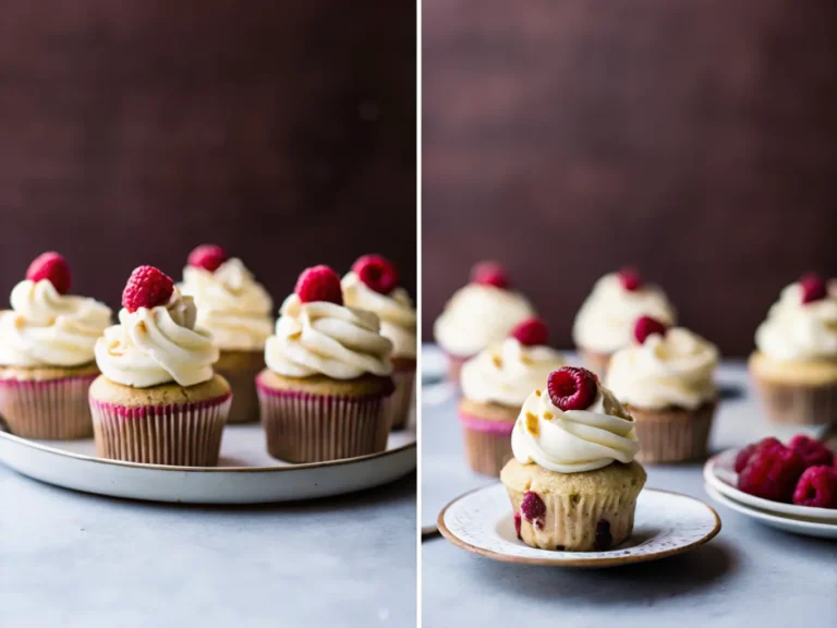 A hero shot of several White Chocolate Raspberry Cupcakes on a deep burgundy/maroon plate, prominently featuring swirled white frosting, fresh red raspberries, and small white chocolate pieces on top. The cupcakes are in light beige paper liners. Natural morning light from an east window casts soft shadows. The setting is a clean marble countertop with a subtle wood accent in the background. Warm tones, clean and tidy presentation. 4:3 aspect ratio. NO HANDS OR PEOPLE.