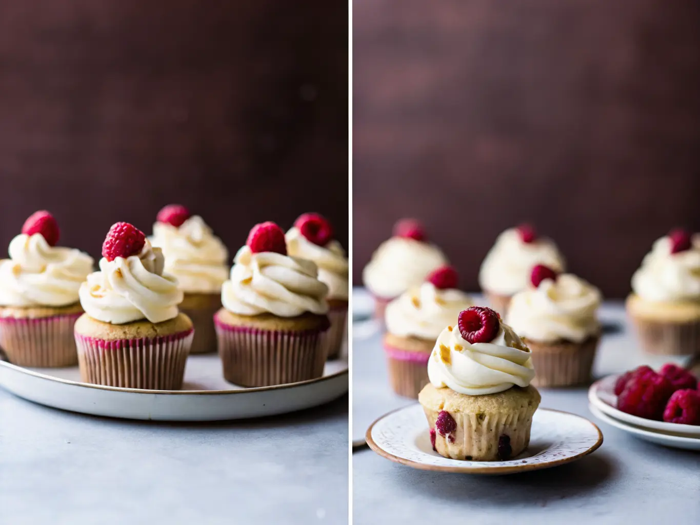 A hero shot of several White Chocolate Raspberry Cupcakes on a deep burgundy/maroon plate, prominently featuring swirled white frosting, fresh red raspberries, and small white chocolate pieces on top. The cupcakes are in light beige paper liners. Natural morning light from an east window casts soft shadows. The setting is a clean marble countertop with a subtle wood accent in the background. Warm tones, clean and tidy presentation. 4:3 aspect ratio. NO HANDS OR PEOPLE.