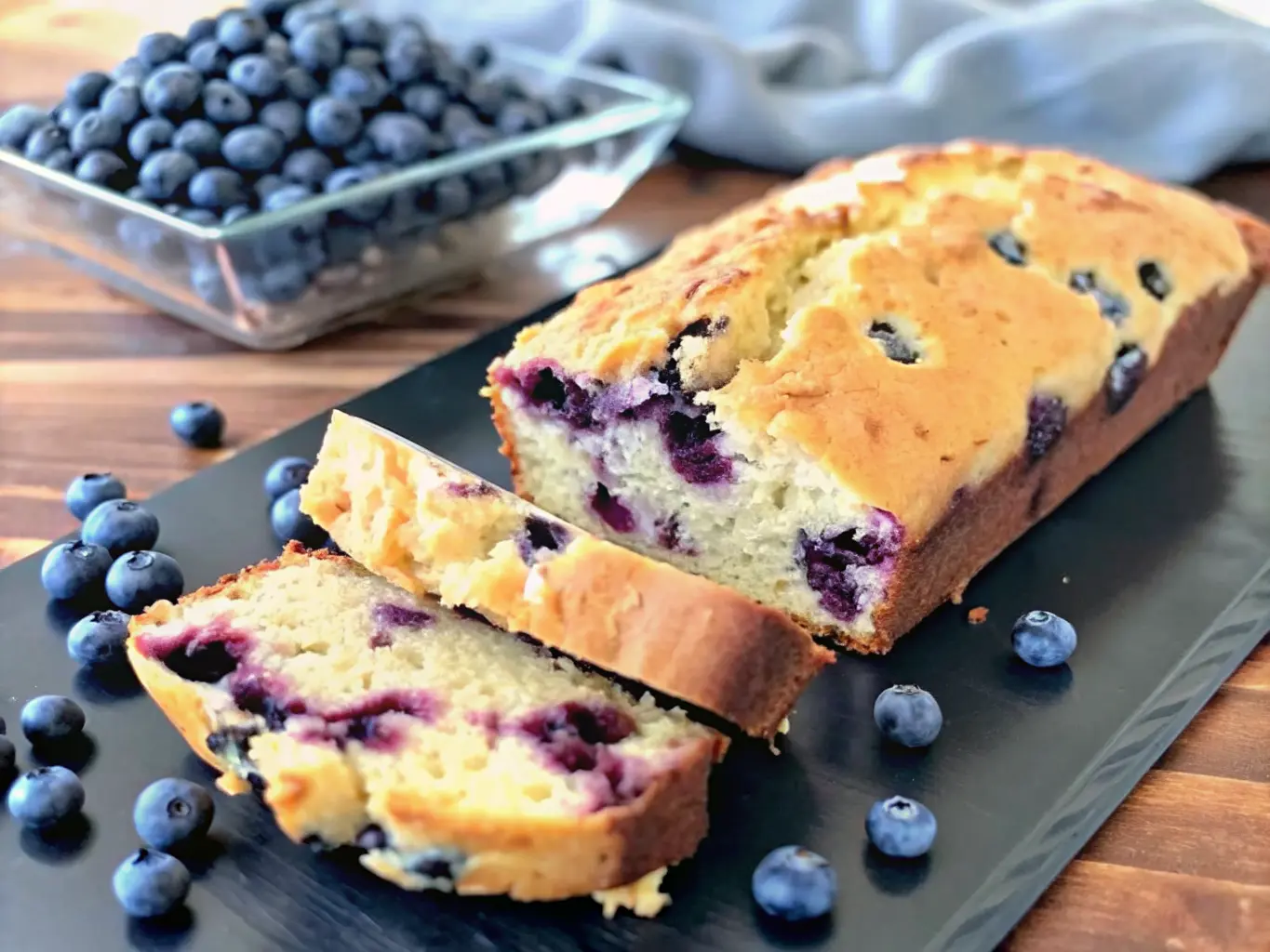 A golden-brown Blueberry Cream Cheese Loaf, sliced to reveal a tender, light crumb studded with vibrant purple-blue blueberries and creamy swirls, resting on a rustic wooden cutting board. Fresh blueberries are scattered around the loaf. In the soft-focused background, another full loaf bakes in a clear glass loaf pan. The scene is bathed in natural morning light from an east window, casting soft shadows on a marble countertop, with subtle warm tones. Clean and tidy presentation. No hands or people. (4:3 ratio)