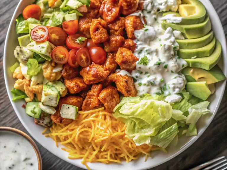 A mouth-watering 4:3 overhead shot of a vibrant Buffalo Chicken Bowl, showcasing glistening orange-red buffalo chicken chunks, fluffy white rice, crisp shredded iceberg lettuce, halved cherry tomatoes, shredded cheddar cheese, crumbled blue cheese, and creamy dressing, garnished with green onions. The bowl is minimalist white ceramic, placed on a marble countertop with the warm tones of a wooden cutting board peeking out, all bathed in soft natural morning light and gentle shadows, with fresh herbs subtly blurred in the background, creating a deliciously appealing scene. NO HANDS.