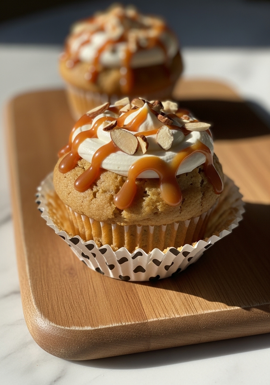 A slightly elevated, close-up shot of a single Butter Almond Caramel Banana Muffin, showcasing its perfectly golden-brown top, the luscious swirl of white cream, glistening caramel drizzle, and finely chopped almonds. The muffin is in its white paper liner with black polka dots, resting on the same wooden cutting board on a clean marble surface, illuminated by natural morning light. The focus is on the inviting texture and delicious toppings, with soft shadows and warm tones, evoking a homemade feel. No hands.